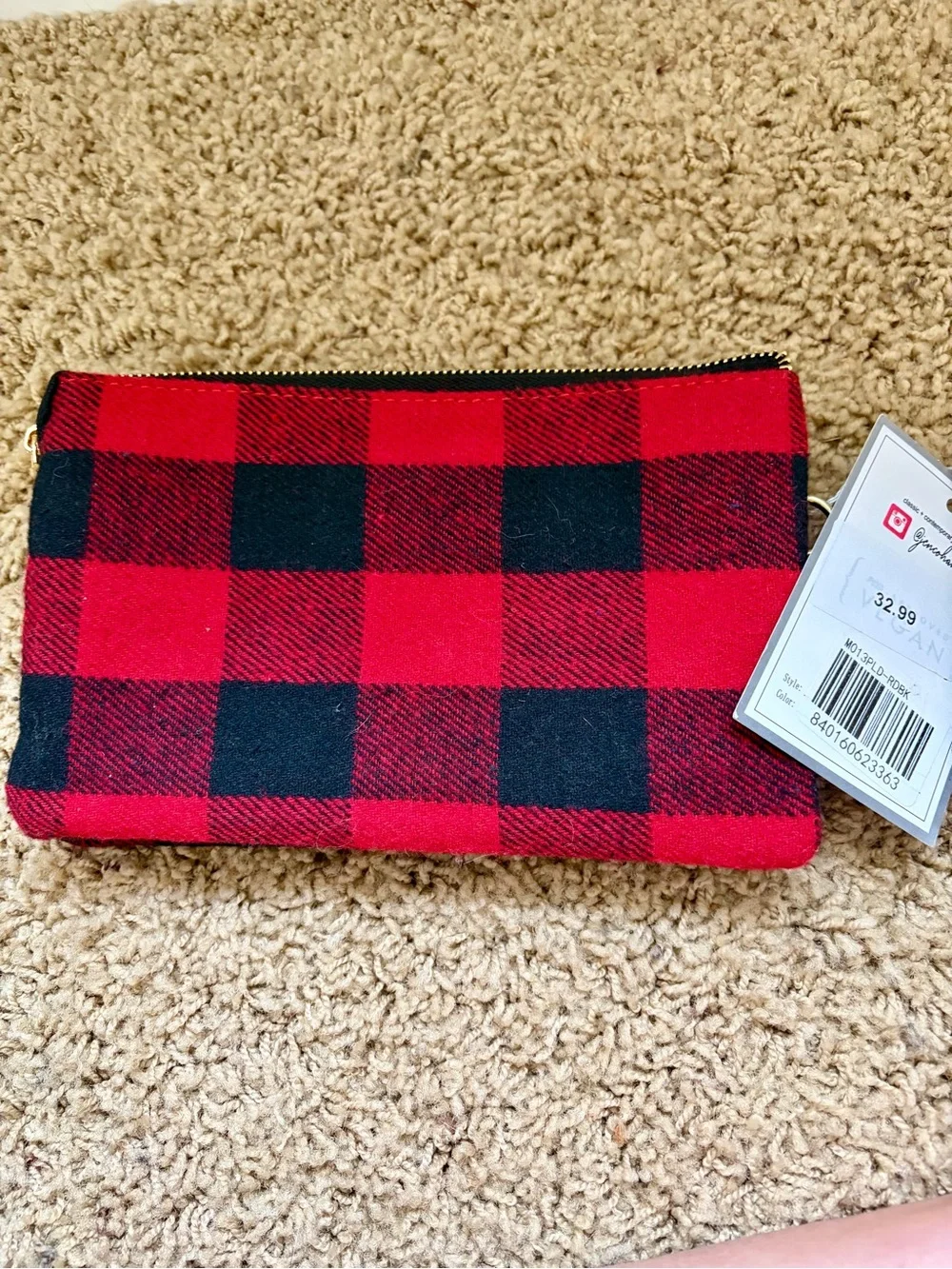 Red & Black Plaid Zip Clutch Purse NWT